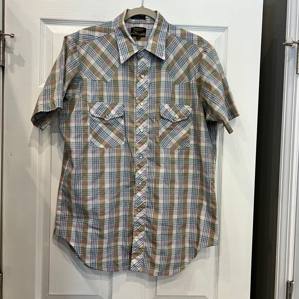 Outlaw Western Shirt Plaid Pearl Snap Short Sleeve Westerncore Cowboy Tan Blue L